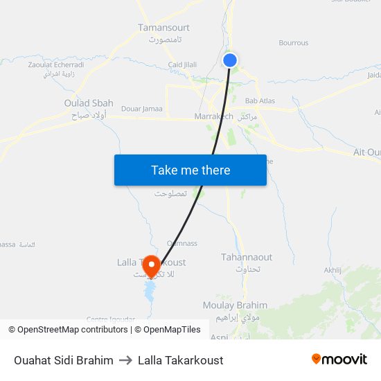 Ouahat Sidi Brahim to Lalla Takarkoust map