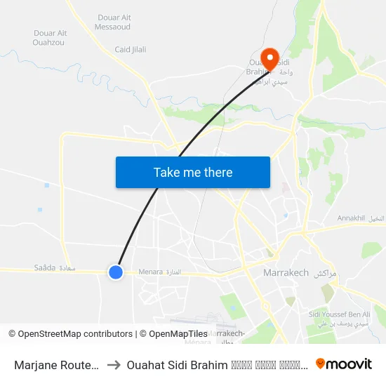 Marjane Route D'Agadir to Ouahat Sidi Brahim ⵡⴰⵃⵜ ⵙⵉⴷⵉ ⴱⵕⴰⵀⵉⵎ واحة سيدي ابراهيم map