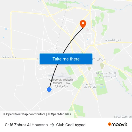 Zahrat Al Houssna Cafe to Cadi Ayyad Club map