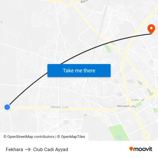Fekhara to Club Cadi Ayyad map