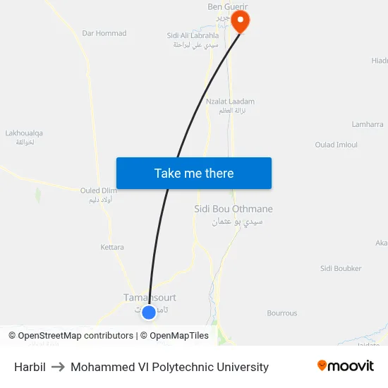 Harbil to Mohammed VI Polytechnic University map