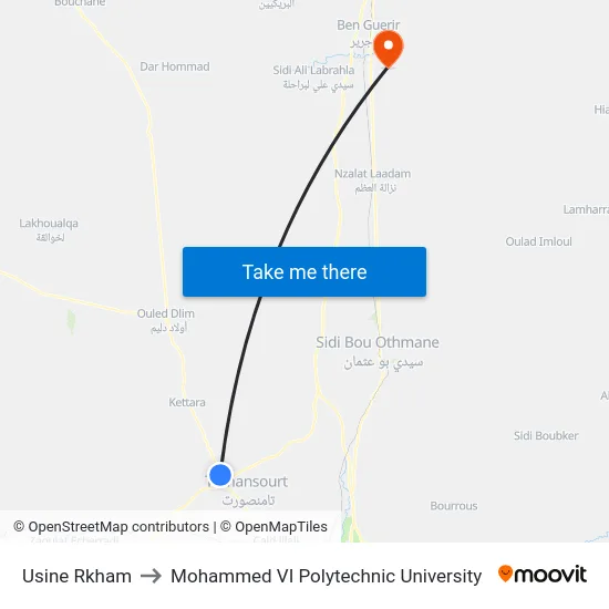 Usine Rkham to Mohammed VI Polytechnic University map