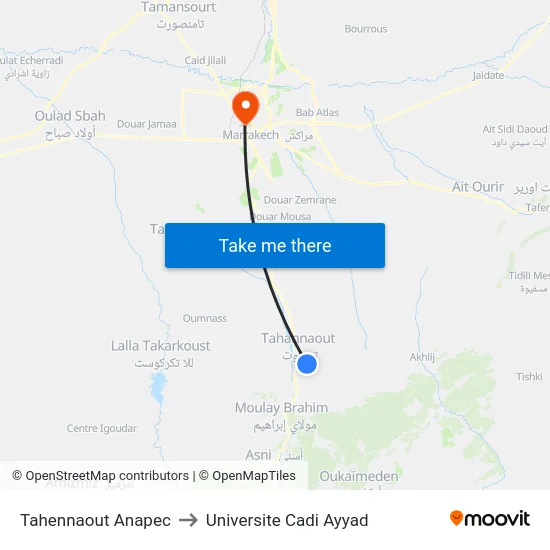 Tahennaout Anapec to Universite Cadi Ayyad map