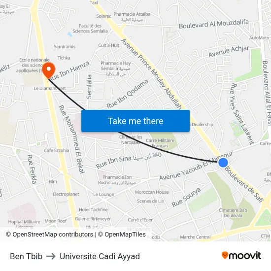 Ben Tbib to Universite Cadi Ayyad map
