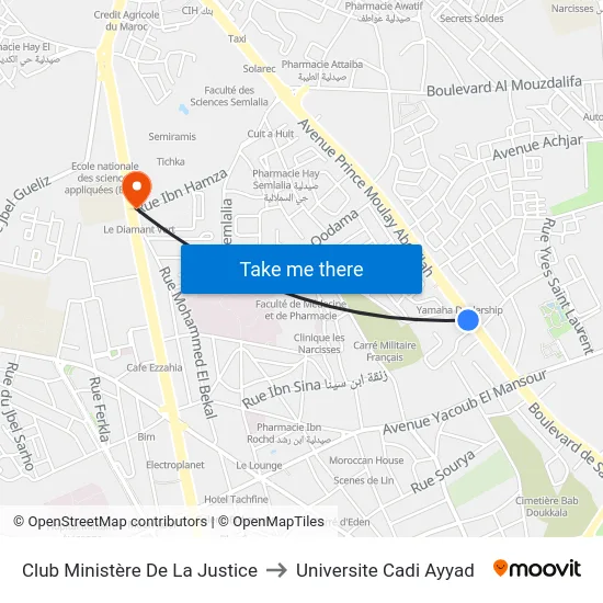 Club Ministère De La Justice to Universite Cadi Ayyad map