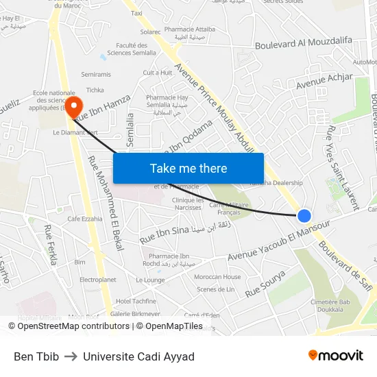 Ben Tbib to Universite Cadi Ayyad map
