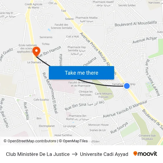 Club Ministère De La Justice to Universite Cadi Ayyad map