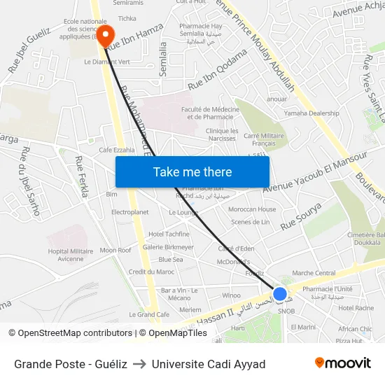 Grande Poste - Guéliz to Universite Cadi Ayyad map