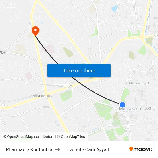 Pharmacie Koutoubia to Universite Cadi Ayyad map