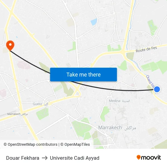 Douar Fekhara to Universite Cadi Ayyad map
