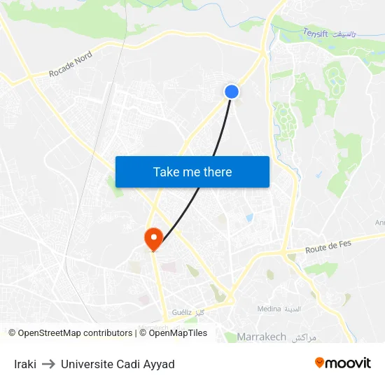 Iraki to Universite Cadi Ayyad map