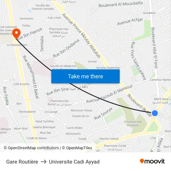Gare Routière to Universite Cadi Ayyad map