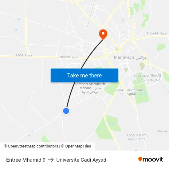 Entrée Mhamid 9 to Universite Cadi Ayyad map