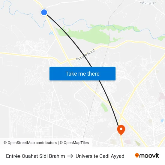 Entrée Ouahat Sidi Brahim to Universite Cadi Ayyad map