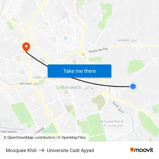 Mosquée Khili to Universite Cadi Ayyad map