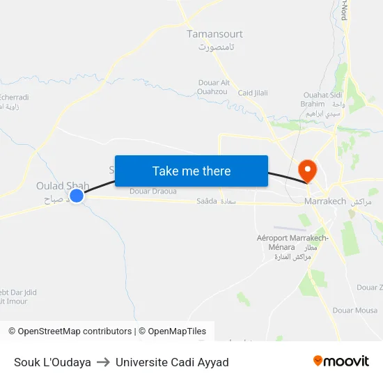 Souk L'Oudaya to Universite Cadi Ayyad map