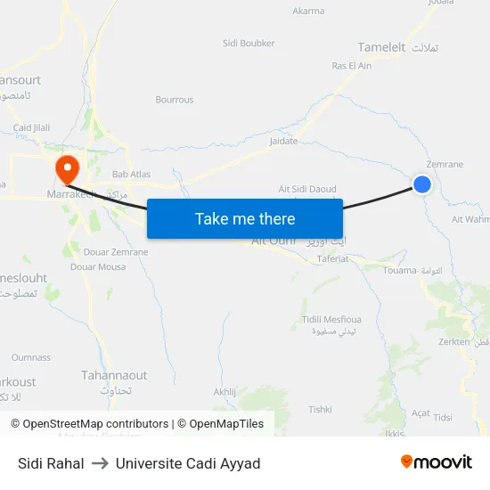 Sidi Rahal to Universite Cadi Ayyad map