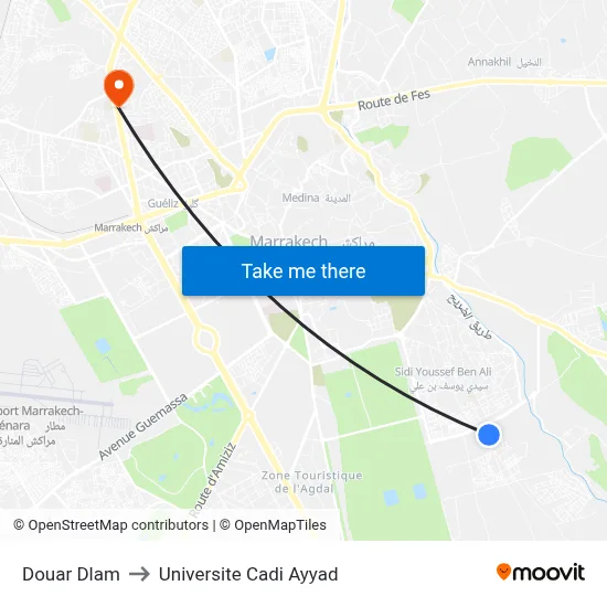 Douar Dlam to Universite Cadi Ayyad map