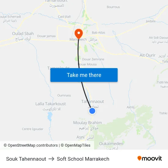 Souk Tahennaout to Soft School Marrakech map