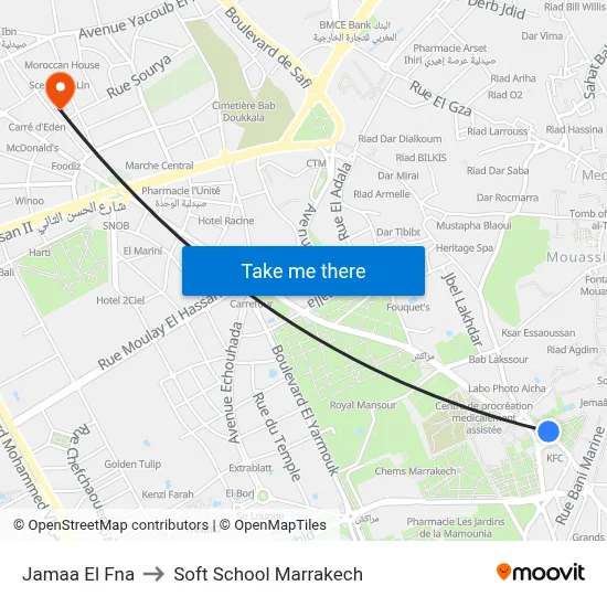 Jamaa El Fna to Soft School Marrakech map