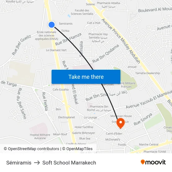 Sémiramis to Soft School Marrakech map