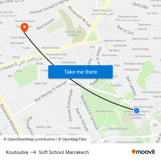 Koutoubia to Soft School Marrakech map