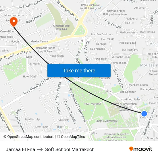 Jamaa El Fna to Soft School Marrakech map
