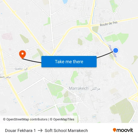 Douar Fekhara 1 to Soft School Marrakech map