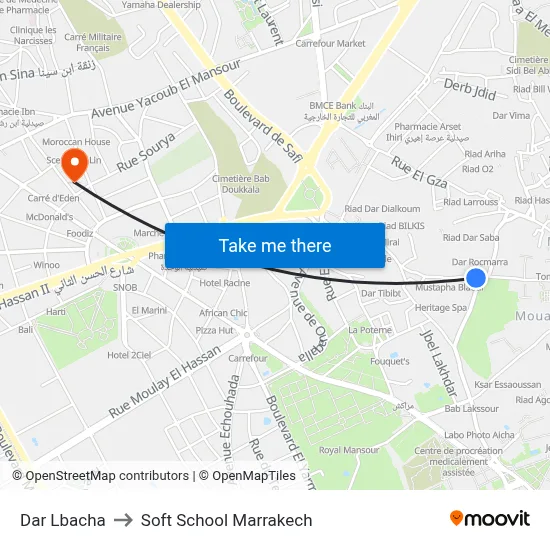 Dar Lbacha to Soft School Marrakech map
