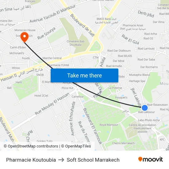 Koutoubia Pharmacy to Soft School Marrakech map