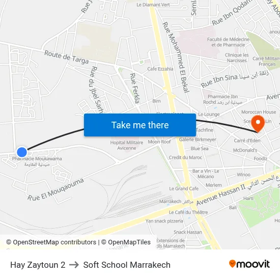 Zaytoun District 2 to Soft School Marrakech map