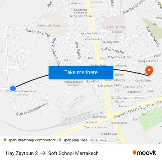 Hay Zaytoun 2 to Soft School Marrakech map