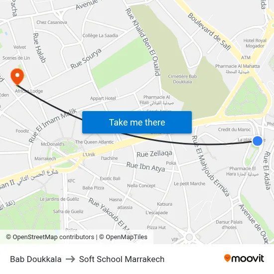 Bab Doukkala to Soft School Marrakech map
