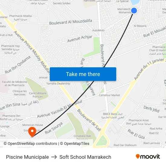 Municipal Swimming Pool to Soft School Marrakech map