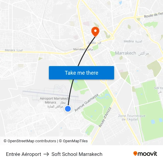 Airport Entrance to Soft School Marrakech map