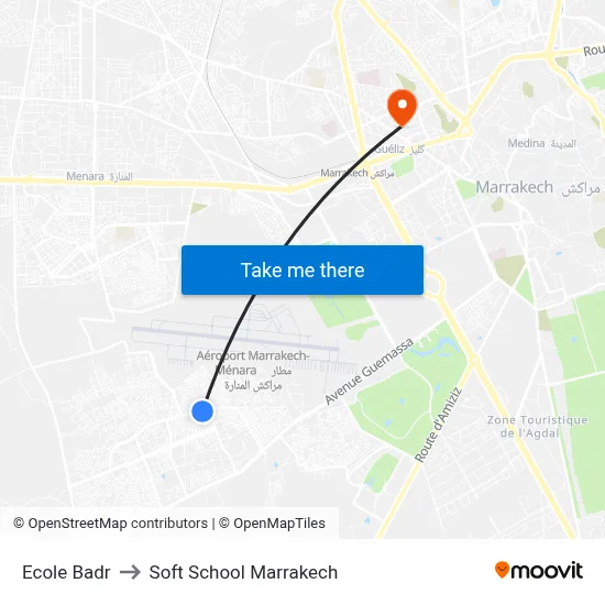 Ecole Badr to Soft School Marrakech map