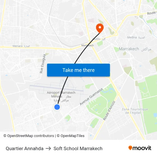 Quartier Annahda to Soft School Marrakech map