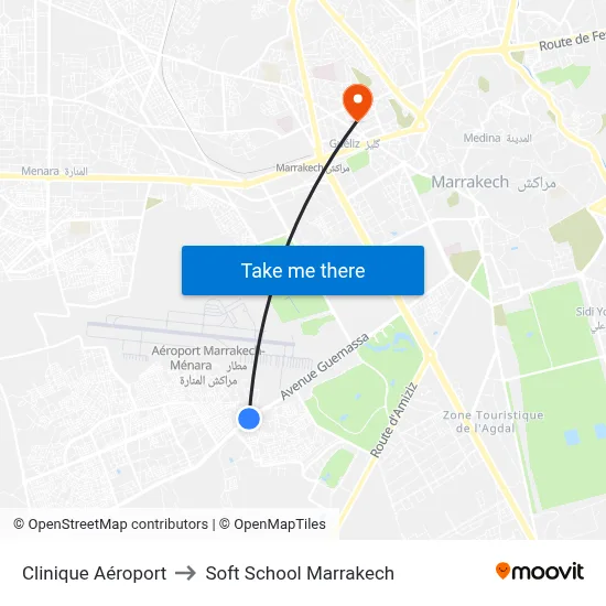 Clinique Aéroport to Soft School Marrakech map