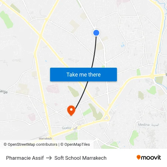 Pharmacie Assif to Soft School Marrakech map