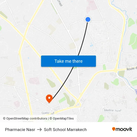 Pharmacie Nasr to Soft School Marrakech map