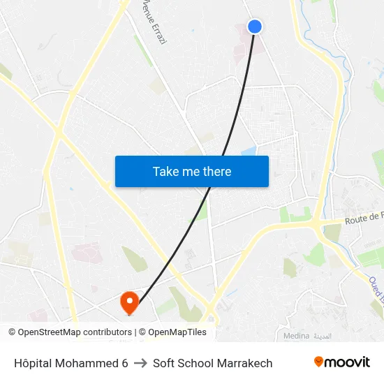 Hôpital Mohammed 6 to Soft School Marrakech map