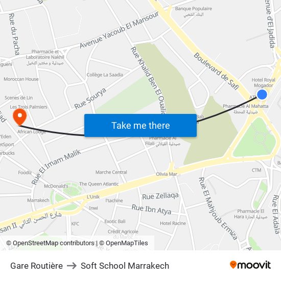 Gare Routière to Soft School Marrakech map