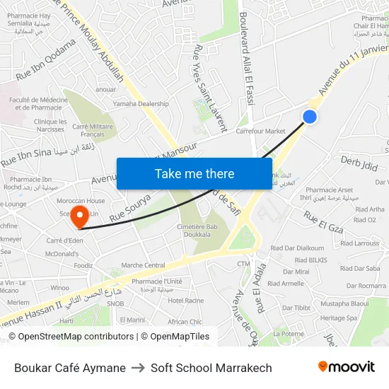 Boukar Café Aymane to Soft School Marrakech map
