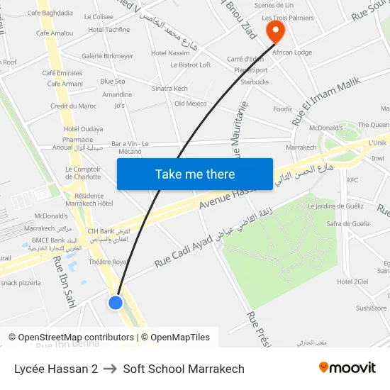 Lycée Hassan 2 to Soft School Marrakech map