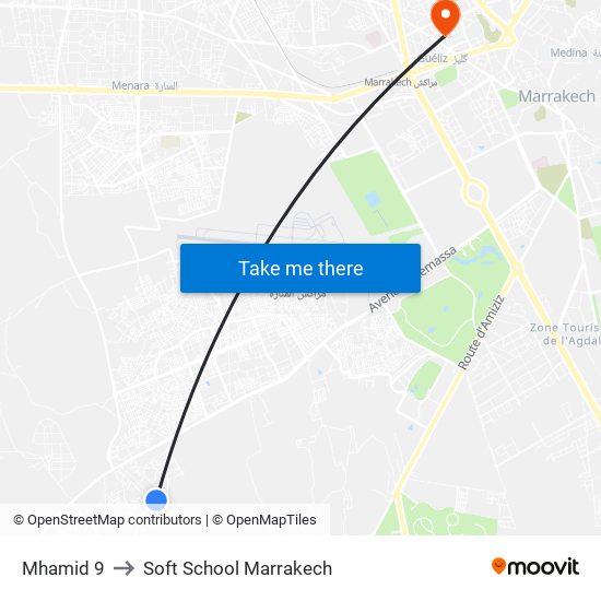 Mhamid 9 to Soft School Marrakech map