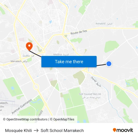 Mosquée Khili to Soft School Marrakech map