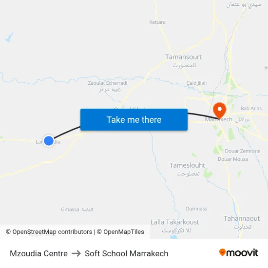 Mzoudia Centre to Soft School Marrakech map
