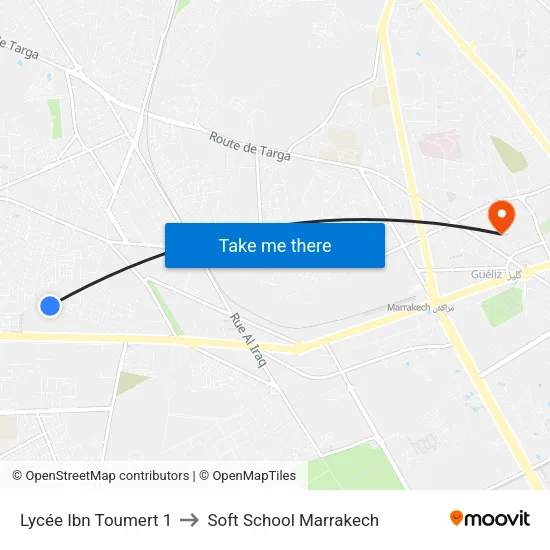 Lycée Ibn Toumert 1 to Soft School Marrakech map