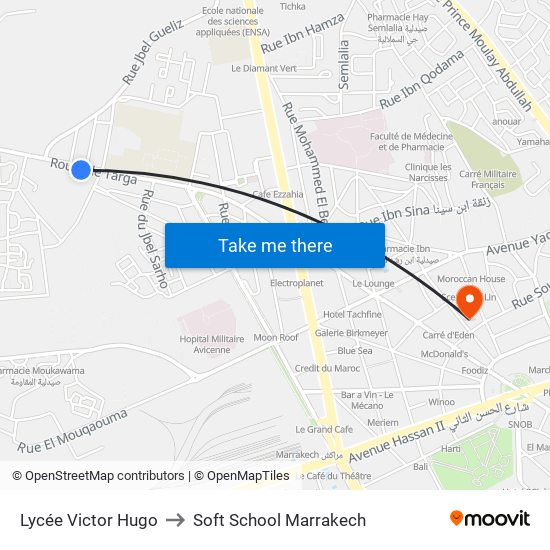 Lycée Victor Hugo to Soft School Marrakech map