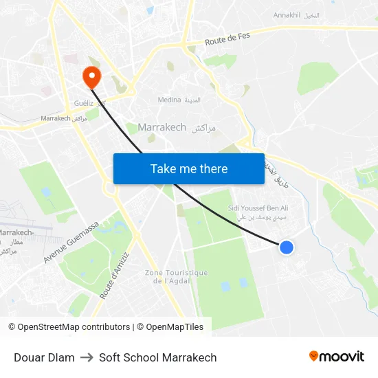 Douar Dlam to Soft School Marrakech map